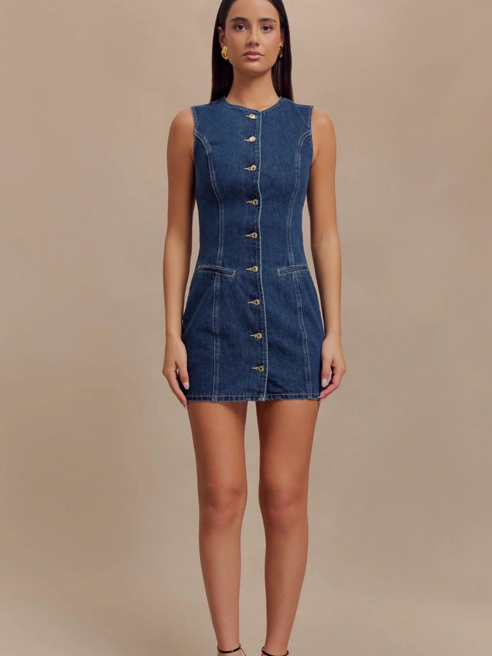 Meshki Dark Blue Sleeveless Denim Button Mini Dress